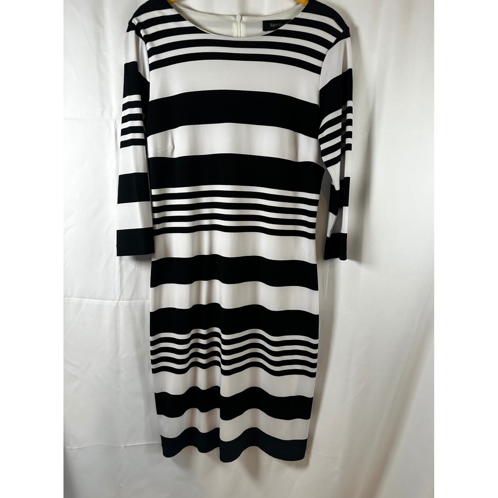Karen Kane Womens Black White Striped 3/4 Sleeve Sheath Dress Size M Made in USA